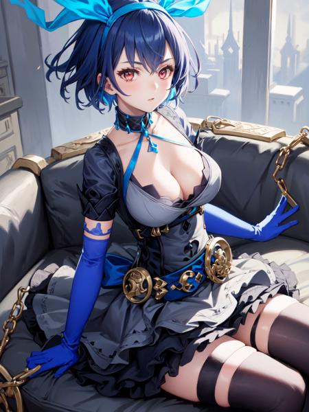 sinoalice_alice hair ribbon, dress, gothic, cleavage, blue fire, blue elbow gloves, short sleeves, black thighhighs, thigh_strap, red eyes, black high heels, checkered belt, frills