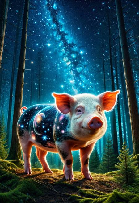 CosmicStyle,space,fantasy,Shimmering stars,animal, pig,full view,masterpiece, best quality, amazing quality, aesthetic,outdoor,trees,fantasy,forest