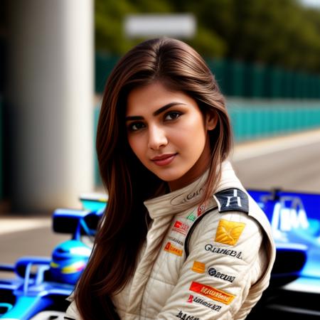 desidressed, high resolution photo of a woman, posing as an F1 driver