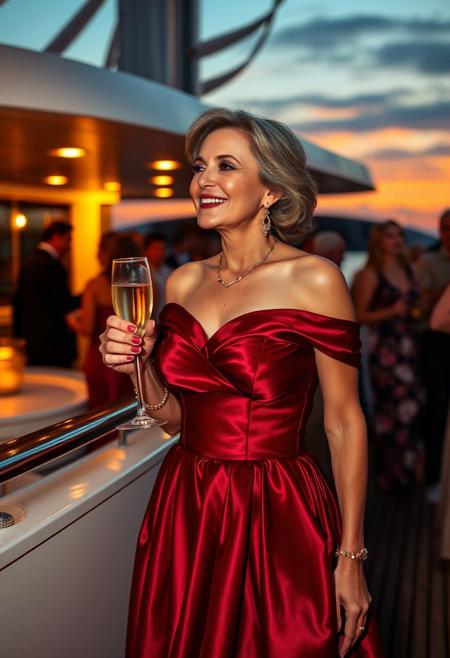 A highly detailed, photorealistic, cinematic film still of an attractive 50 year old woman. She is a realistically slim, with tanned skin and realistically saggy breasts. She is looking stunning wearing a (A classic off-shoulder ball gown made from luxurious satin in a deep wine colour. The neckline gently drapes across the shoulders, creating an alluring yet age-appropriate silhouette. The fitted bodice transitions into a full, pleated skirt, complete with discreet pockets. A subtle, built-in belt cinches the waist for an hourglass figure:1.3). Her make-up and jewellery add a touch of class to her outfit. She is on board a Mediterranean superyacht at a busy cocktail party, It is sunset, beautiful colours illuminating the ship. She is holding a glass of champagne and happily looking around the deck, as if she is waiting for a lover or a friend.