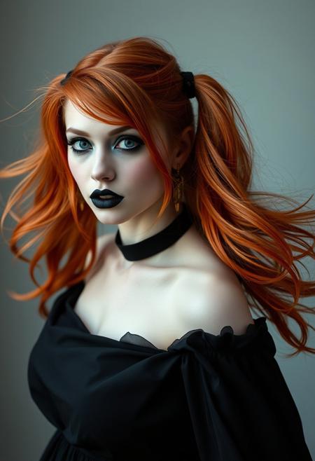 A stunning 25-year-old woman with flowing, fiery red hair styled in long, loose, high pigtails that cascade down her back. Her pale skin is contrasted by dramatic, smoky eye makeup, smeared and smudged with a touch of rebellious sensuality. Her deep, matte black lipstick is smeared wildly across her lips, a bold, imperfect look that exudes confidence and raw allure. The deliberate chaos of her makeup, as if smudged by a careless, confident hand, adds to her enigmatic charm. She wears a flowing, elegant gothic dress that accentuates her curves. With a sensual yet dominant gaze, she steps forward, inviting the viewer into her world of darkness and allure.