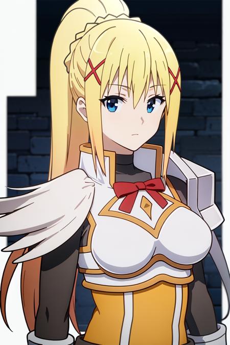 <lora:DarknessV2:0.7>
darkness (konosuba), best quality, masterpiece
portrait, looking at viewer, (white background), upper body, 
1girl,solo,long hair,breasts,looking at viewer,blonde hair,hair ornament,gloves,ribbon,ponytail,black gloves,armor,x hair ornament,shoulder armor,pauldrons,darkness (konosuba)