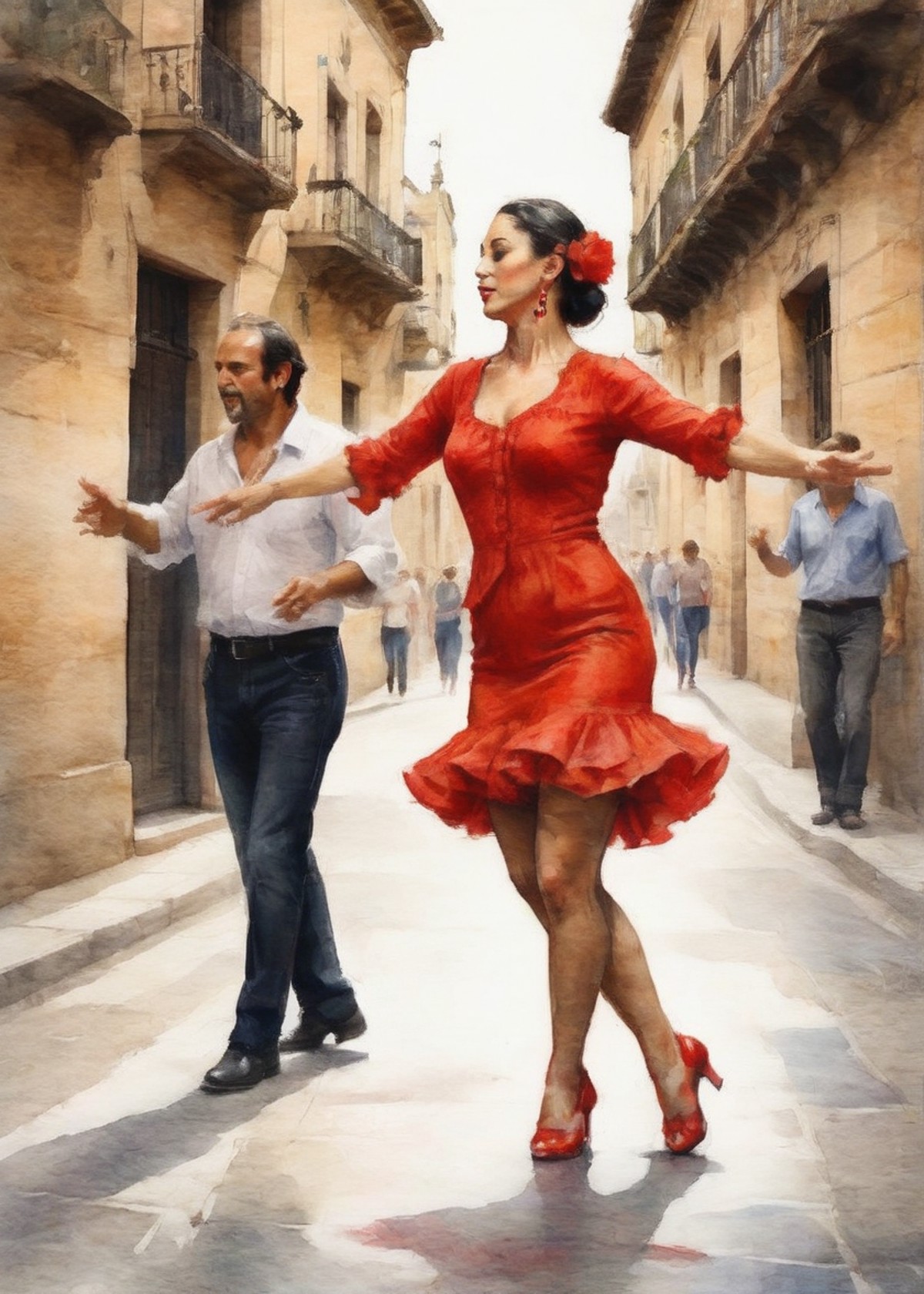 A lively flamenco dance in the streets of Seville with the sound of castanets and the stomp of heels