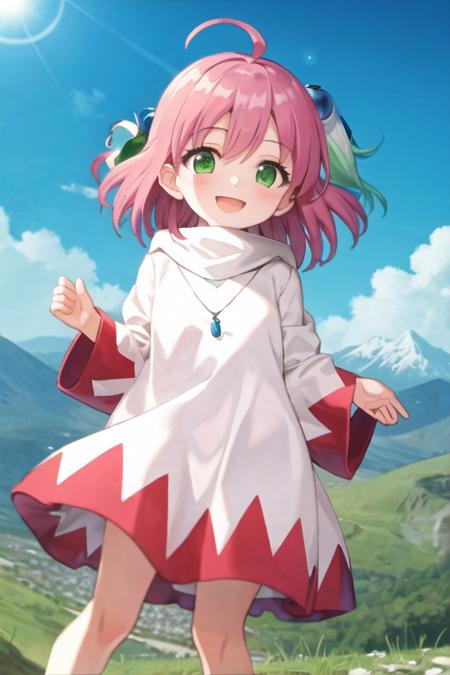 shiroma, green eyes, short hair, pink hair, ahoge, hair ornament, necklace, white dress, smile, standing, mountain  <lora:shiroma:1>