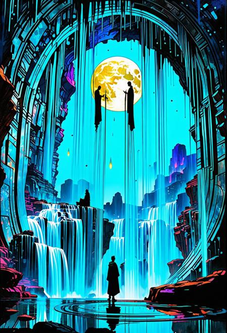 Graphic, digital Illustration. (Artistic perspective) 3 cloaked figures stand on a floating portal, irregular stone rings suspended above a futuristic city. (((the hovering rings in the sky are gushing glowing waterfalls))), brush strokes and streaks of ink are visible, rich vibrant colors, stark contrasts,  liquid, unreal parts, alluring, fluid, perfection, two moons in the night sky, one is translucent. Intricate background (Alphonse Mucha), Illustration (Bill Sienkiewicz:1.5), maximum detail, 4K, hyperrealistic. charcoals, watercolor and ink technique. Include deep rich dark blues, luminous neon highlights, ((Masterpiece)), (cinematic composition), resplendent lighting