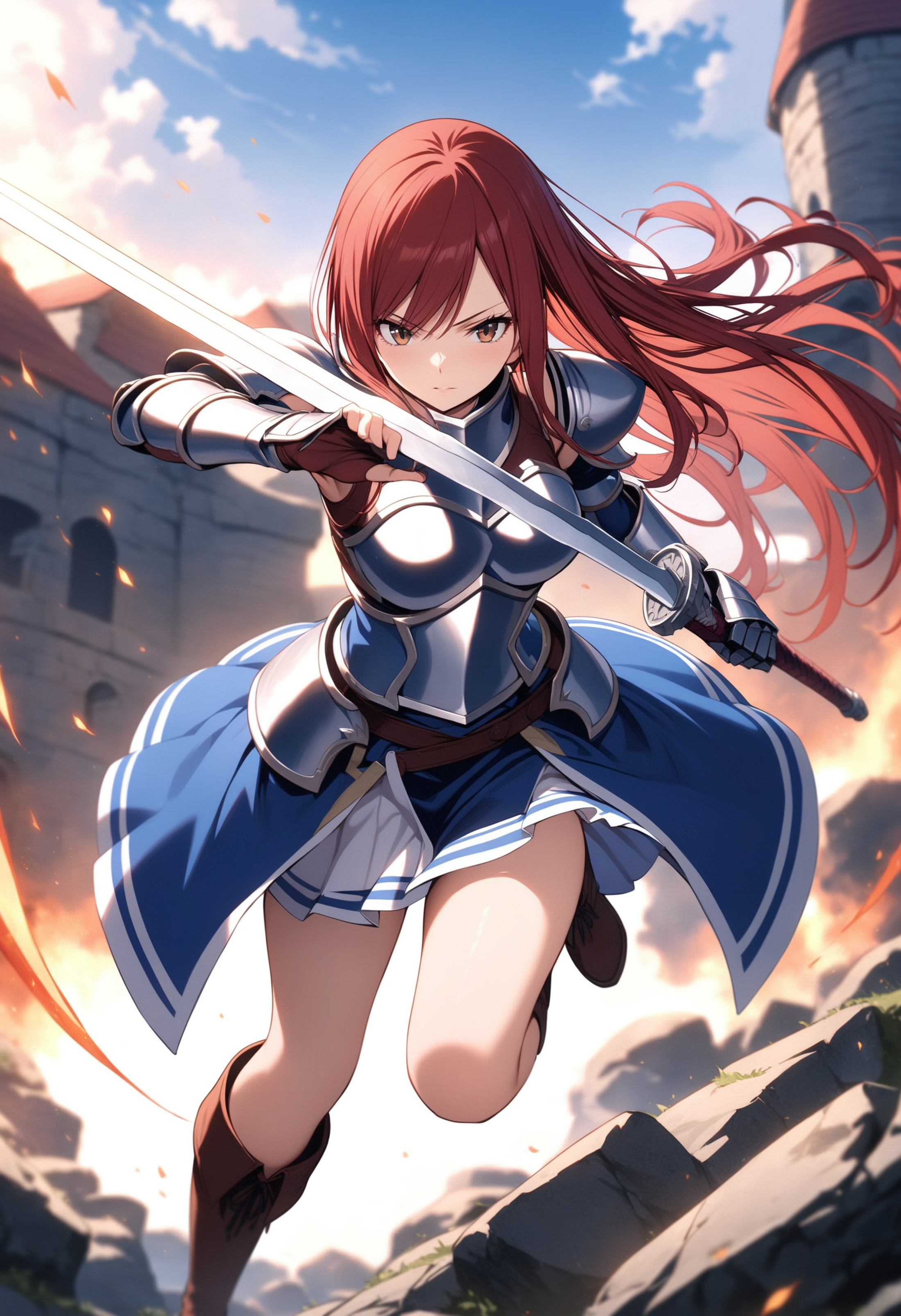 masterpiece, best quality, ultra detailed, very aesthetic,
1girl, erza scarlet, fairy tail, red hair, brown eyes, armor, b...
