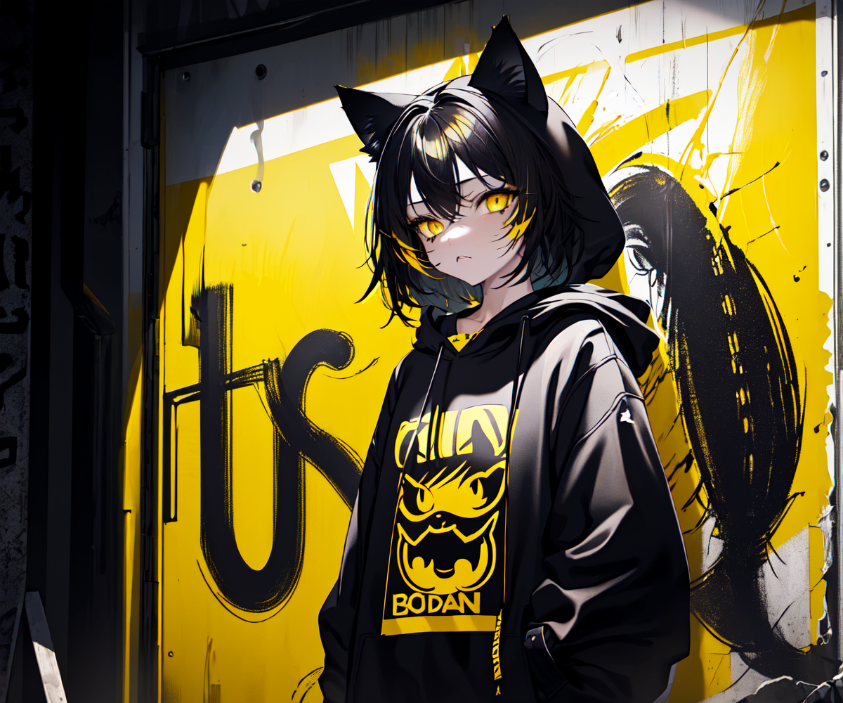 (best quality, masterpiece), (1girl, solo, cat ear black hood, standing, yellow eyes, black hair, leaning, upper body), (l...
