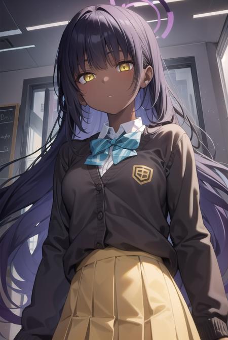 bluearchivekarin, <lyco:karin-lyco-nochekaiser:1>, 
karin, ahoge, black hair, dark skin, dark-skinned female, halo, long hair, (yellow eyes:1.5),
BREAK cardigan, neck ribbon, pleated skirt, ribbon, school uniform, skirt, blue cardigan, 
BREAK looking at viewer, 
BREAK indoors, classroom,
BREAK <lyco:GoodHands-beta2:1>, (masterpiece:1.2), best quality, high resolution, unity 8k wallpaper, (illustration:0.8), (beautiful detailed eyes:1.6), extremely detailed face, perfect lighting, extremely detailed CG, (perfect hands, perfect anatomy),