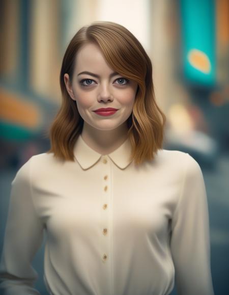 EmmaStone, photograph, cityscape, Capricious Female expression is Fearful, Cute hair styled as Slicked-back, Joyful, intricate background, film grain, Sony A9 II, 800mm lens,  <lora:EmmaStoneSDXL:1>