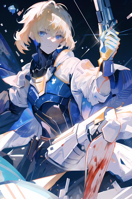 masterpiece, best quality, 1boy, armor, aurora, blue_eyes, breastplate, constellation, galaxy, gun, handgun, holding, holding_gun, holding_weapon, light_particles, male_focus, milky_way, night, night_sky, rain, shooting_star, sky, solo, space, star_\(sky\), starry_background, starry_sky, upper_body, weapon, blonde_hair,blood,