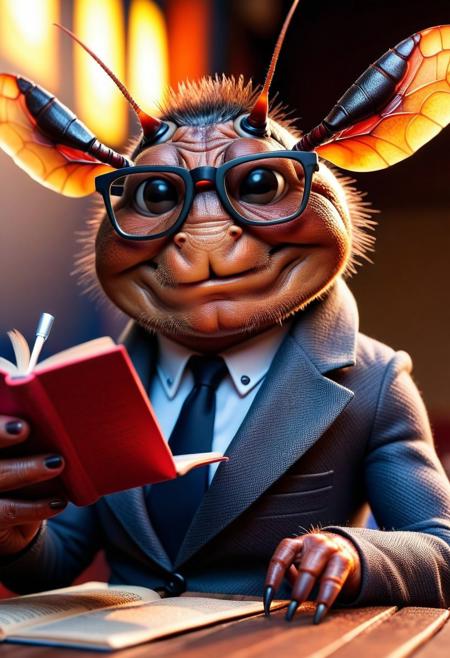 FLUX.1 cinematic style, a stylish and dapper cockroach wearing eyeglasses while reading a book and sipping coffee in a cafe, instagram photo,