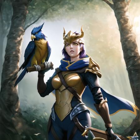 ((quinn \(league of legends\))), league of legends, 1girl, bird, armor, solo, crossbow, cape, cowboy shot, armor, (purple hair), short hair, gloves, blue cape, helmet, (yellow eyes), breastplate, bodysuit, breasts, bird, modelshoot style, (extremely detailed CG unity 8k wallpaper), full shot body photo of the best artwork in the world, professional majestic oil painting by Ed Blinkey, Atey Ghailan, Studio Ghibli, by Jeremy Mann, Greg Manchess, Antonio Moro, trending on ArtStation, trending on CGSociety, Intricate, High Detail, Sharp focus, dramatic, photorealistic painting art by midjourney and greg rutkowski