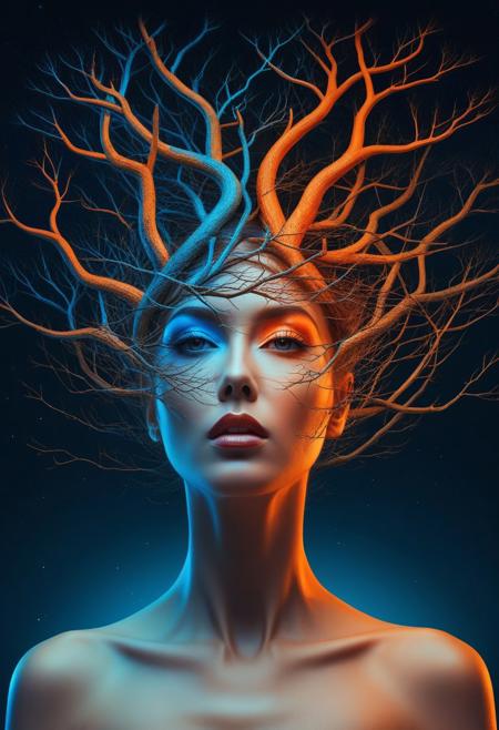 a colorful digital artwork of a woman's head and branches, in the style of haunting houses, graceful surrealism, depictions of urban life, dark sky-blue and orange, portraitures with hidden meanings, caricature-like illustrations, metropolis meets nature, 32k resolution, molecular precision, ultra sharp focus.