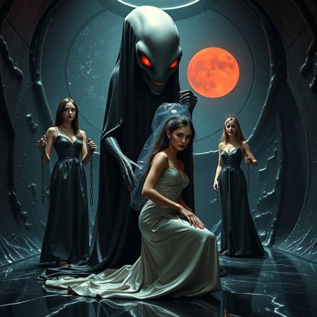 high-society elegant slender norvegian rich innocent young bride kneeling  from behind. She is ensnared by a towering  alien, its draped in a long, glossy black slime cloak, its eyes gleaming red with an otherworldly intensity.   its hands pulling giamt transparent jelly sack on her head. Surrounded by arrogant ladies wearing  glossy satin long full skirt  gowns and glossy high heels,  holding slave chains reatraining her.   weird wet-look black slime  walls and floor, colossus observation blister to outer space full of stars, bright red moon, vintage-inspired makeup, long hairs, ultra thin waist, evil grin, porcelain skin, lipstick, red nails, in the style of a haunting, retro-futuristic 1950s sci-fi nightmare, horror, alien space base,,