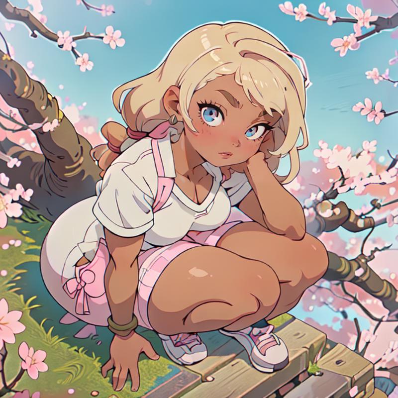 A cute anime girl with pink shorts, sitting on a bench under a cherry blossom tree.