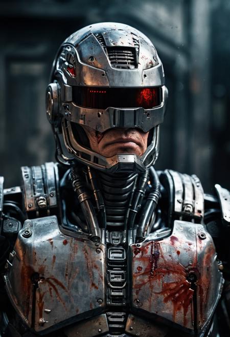 ((A close-up portrait)) Robocop, a dilapidated cyborg with mechanical armor, stained with blood and dust. Detailed metal textures, . Futuristic dystopian atmosphere, aggressive lighting with cold glare. Darksyber aesthetic, photorealistic style