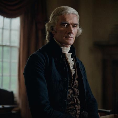 front shot, portrait photo of ((thomas Jefferson)) , looks away, natural skin, skin moles, cozy interior, 17th century attire, (cinematic, film grain:1.1)