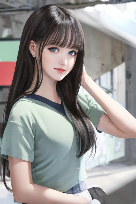 ((masterpiece)), (best quality), detailed, (8k), photorealistic, best quality, 1 girl, shirt, looking at viewer, ((t-shirt)), school uniform, school background:1.4, school Girl, upper body <lora:Liz-01:1>