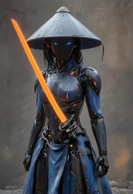 Craft a captivating vibrant dark black-neon caption for a photo capturing the essence of a cyborg woman Bedouin sorcerer in fight stance, (((black long hair,blue eyes, natural full breast))), defying expectations by conjuring a whimsical robot 'freak' from an oversized sedge  hat. ethereal, smoky backdrop. throwing a translucent orange/tanslucent purple/black iaidow, weapon, katana, holding sword, ready to draw, sheathed, unsheathing, scabbard,, 
 very detailed, atmospheric haze, Film grain, cinematic film still, shallow depth of field, highly detailed, high budget, cinemascope, moody, epic, OverallDetail, gorgeous, 2000s vintage RAW photo, photorealistic, candid camera, color graded cinematic, eye catchlights, atmospheric lighting, skin pores, imperfections, natural, shallow dof