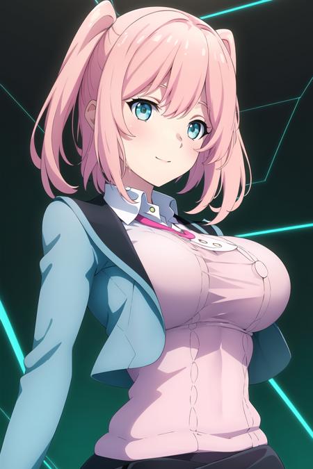 (Night:1.7), standing in front of a black background with green and blue lights,
 blue jacket,school_uniform, pink shirt, collared_shirt,pink_cardigan,
 <lora:sana_miyama_Gundam_Breaker-KK77-V1:0.7>,Black_pleated_skirt,
pink_hair,bangs,blue eyes,aqua_eyes,
1 girl, 20yo,mature female,Beautiful Finger,Beautiful long legs,Beautiful body,Beautiful Nose,Beautiful character design, perfect eyes, perfect face,
looking at viewer, (big_eyes:1.0),(Light_smile:0.3),
official art,extremely detailed CG unity 8k wallpaper, perfect lighting,Colorful, Bright_Front_face_Lighting,
(masterpiece:1.0),(best_quality:1.0), ultra high res,4K,ultra-detailed,
photography, 8K, HDR, highres, absurdres:1.2, Kodak portra 400, film grain, blurry background, bokeh:1.2, lens flare, (vibrant_color:1.2)
(Beautiful,large_Breasts:1.4), (beautiful_face:1.5),(narrow_waist),