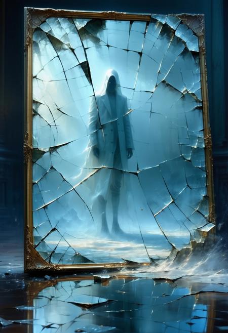 A shattered mirror floats in darkness, a ghostly figure’s false reflection cracks apart, suspended in still time, surreal distortions ripple, truth breaks illusion, a glowing rift opens behind him, Neo-Gnostic Realism, the false self collapses.
<lora:FLUX-daubrez-DB4RZ-v2:0.55> <lora:Sinfully_Stylish_.02_for_FLUX:0.35> <lora:dystopia:0.6>