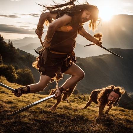 photo of groo_the_wanderer,  swords drawn, running o a fight, photography, natural lighting, high quality, 4k, cover photo, soft, natural, cinematic, perfect light, masterpiece, 8k artistic photography,  <lora:groo_the_wanderer:1>