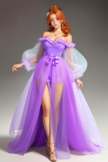 tull3purp, lavender dress, bare shoulders, high heels, see-through, long puffy sleeves,