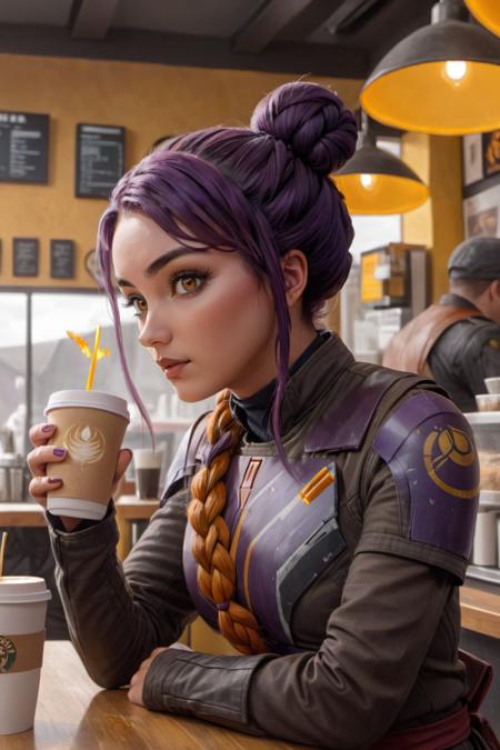 concept art sabine wren, long hair, braided bun at coffee shop, medium shot <lora:Sabine_Wren:0.8>. digital artwork by maciej kuciara, illustrative, painterly, matte painting, highly detailed