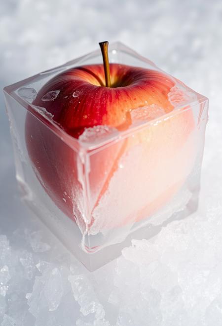 an apple frozen inside a block of ice