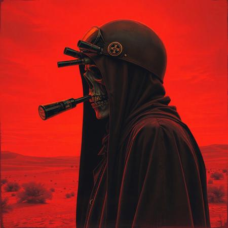 Dark art Side view of an cloaked ominous monk from the 70s-style pulp paintings drinking from the tubes on a beer helmet he is wearing while standing in a mysterious red desert, The sky is red and otherworldy. The monks grinning skeletal face is barely visible. Duotone: Burnt orange and deep plum. Mood: Occult ritual meets 80's crinkled concert poster art style. Grim reaper, doom metal-style, gritty, desert ritual, tales from the crypt