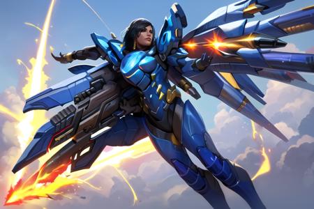 pharah, full power armor,  justicerain, thrusters, jetpack, missiles, fire, condensation trail, sky background, sunlight, <lora:pharahOverwatchLORA_v1:0.7>, best quality