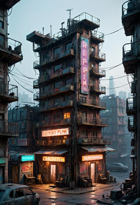 A dystopian slum built on layers of corroded metal platforms, with narrow, crowded streets illuminated by flickering neon signs, evi@decrepPunk aesthetic, ultra-realistic textures, grimy details. <lora:evidecrepPunk:0.8>