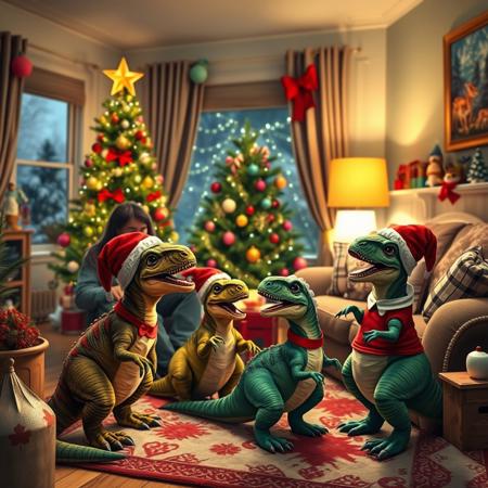 Imagine a cozy apartment decorated for Christmas, where adorable dinosaurs the size of dogs are playfully interacting with their owners. The scene captures the warmth and joy of the holiday season, showcasing these charming pet dinosaurs in festive attire, surrounded by twinkling lights, colorful ornaments, and a beautifully decorated Christmas tree. The atmosphere is filled with laughter and love, highlighting the unique bond between humans and their dinosaur companions.