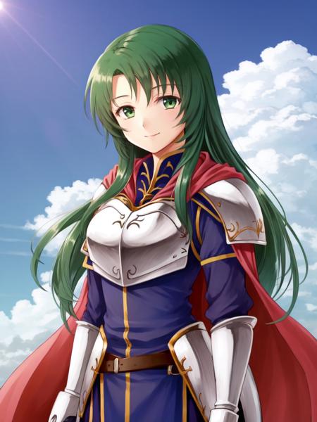 <lora:Cecilia_FE-10:0.9>, cecilia fe, 1girl, solo, smile, gloves, dress, sky, elbow gloves, belt, cloud, white gloves, cape, armor, tree, shoulder armor, pauldrons, breastplate, armored dress, purple cape