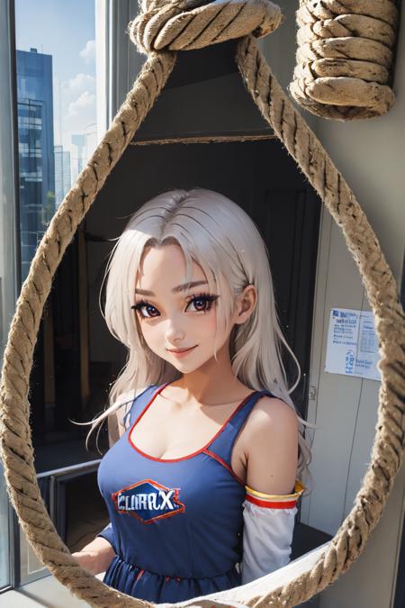 (masterpiece, best quality:1.2), noose portal, noose, solo, 1girl, clorox-chan, smile, looking at viewer, white hair, ahoge, blue dress, detached sleeves <lora:gijinkaseries_clorox-19:0.8> <lora:nooseportal:1>