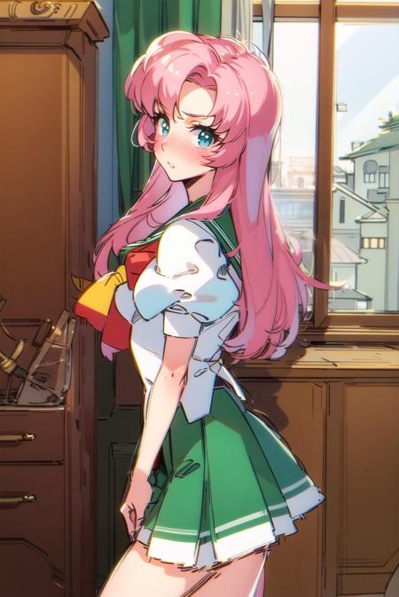 ((masterpiece,best quality, detailed)), indoors, from side, blush, embarassed, looking at viewer, 1girl, solo, solo focus,
 <lora:TenjouUtenaV1-000003:0.75>, tenjou utena, school uniform, serafuku, sailor collar, green skirt, puffy sleeves