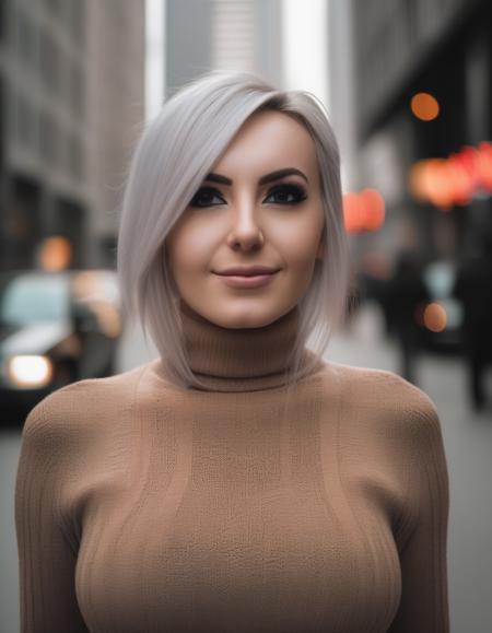 <lora:jsscn1gr1-000009:1> a candid portrait photo of jsscn1gr1 with a smirk on her face,  large breast, getting ready top cross the street, standing straight, wearing a turtleneck sweater , background is a busy city, lighting a cloudy day,, (high detailed skin:1.2),