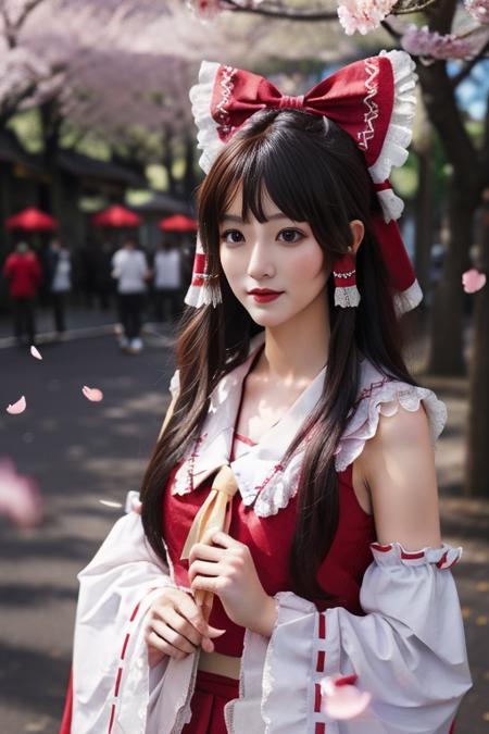 best quality, masterpiece, real,realistic, photo,photorealistic,cowboy shot,looking at viewer, 
1girl, beautifly face,hakurei reimu \(cosplay\), miko,
outdoors, street,sakura,cherry blossoms, wind,floating hair, falling petals, sunlight, 
<lora:hakurei reimu cosplay_728_V3_07:0.6>