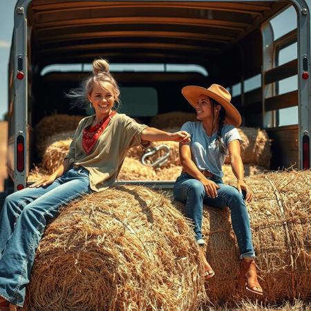 two lovely women finished loading bales of hay on a flatbed truck. A beautiful blonde, strands of hair loose from bun, sitting  on a bale of hay, reclining back on another bale, legs spread, sweaty face, reaching out an arm in invitation to approach and sit next to her, wearing jeans and loosened shirt and bandana, relaxed happy, tired. A gorgeous brunette, braided hair and cowboy hat, jeans and t-shirt, sweaty, looking lovingly at the blonde, starting to sit down on a bale of hay next to the blonde. Sunny day, field cleaned of bales of hay, stevedore's hooks on bales nearby women.