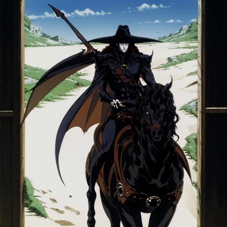 masterpiece,highres,high quality,extremely detailed,solo,
<lora:VampireHunterD001:0.7>,
VampireHunterD,1half-vampire,
hat,
horse,riding,