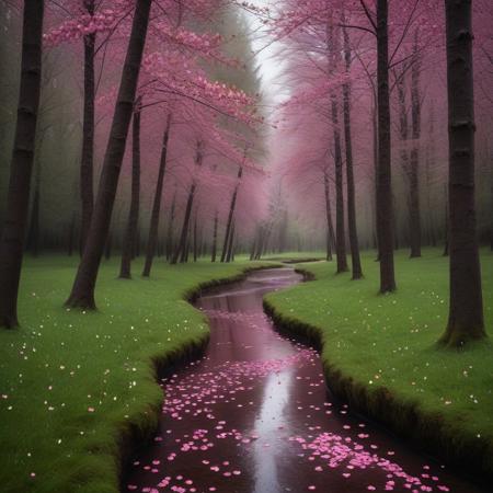 Cherry forrest, clear in the center of the forest, raining,  afternoon, dark, pink trees, small river in the center, green grass and a few pink petals scattered evenly on the ground