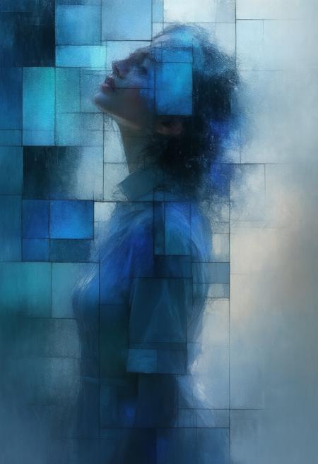 A profoundly moving and surreal depiction of a woman standing amidst a torrential downpour, rendered in a fractured, stained-glass Cubist style. The scene shatters into geometric shards, presenting multiple perspectives of the woman's form and the relentless rain, conveying a sense of resilience and vulnerability. The palette utilizes deep blues, grays, and stark whites, punctuated by bold black outlines and a gentle, internal glow emanating from the woman's face and figure. Photorealistic details of the rain's texture and the womanâs expression harmonize with the abstract fragmentation, creating a powerful and emotionally resonant image. Ultra detailed, 8k resolution, volumetric lighting, octane render, emphasizing the dynamic interplay of light and shadow and the reflective qualities of the rain.