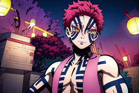 (best quality, high quality:1.4), masterpiece, super fine illustration, absurdres, ultra-detailed, ultra detailed background, highres, solo, 1boy, male focus, tattoo, red hair, colored skin, pink hair, yellow eyes, short hair, facial mark, <lora:akaza kimetsu:0.9>, akaza kimetsu