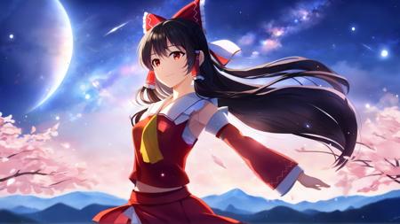 (masterpiece, best quality, highres, anime art style, pixiv), (1girl, solo, hakurei reimu, blush, upper body), night, starry sky, scenery, <lora:hakurei_reimu_xl-000050:0.7>