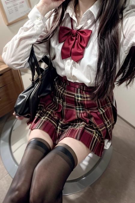 1girl,solo,skirt,white shirt,shirt,handbag,shoes,bracelet,jewelry,looking at viewer,narrow shoulder width,flat chest,pleated skirt,red plaid skirt,photorealistic,black thighhighs,<lora:szsjk:0.6>,cardigan,over-kneehighs,black pantyhose,<lora:more_details:1>,bowtie,