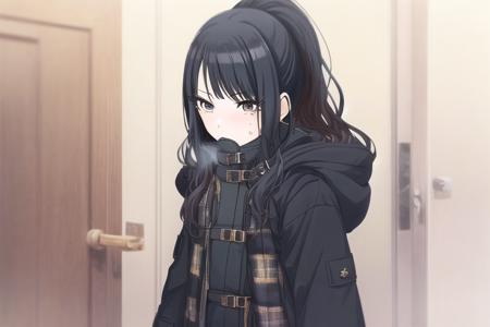 Hiori Kazano, 

black hair, 1girl, mole, bangs, long hair, mole under mouth, solo, ponytail,
black coat, black hair, blush, coat, door, entrance, holding strap, plaid coat, sidelocks, solo, sweatdrop

 <lora:shiny-sd1-v1:1>