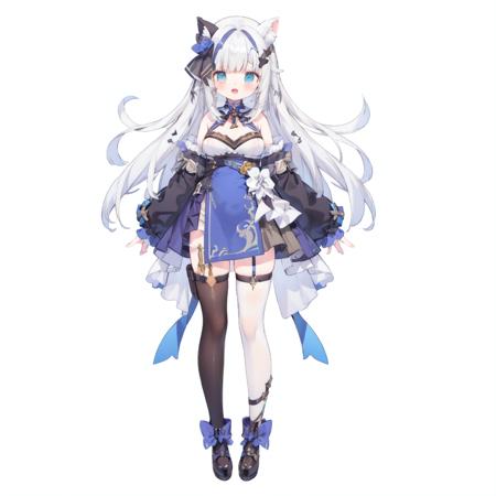 vtuber live2d, vtuber, vtuber live2d, vtuber, white background, simple background, looking at viewer, standing, 1girl, solo, thighhighs, virtual youtuber, breasts, full body, detached sleeves, long hair, open mouth, dress, hair ornament,