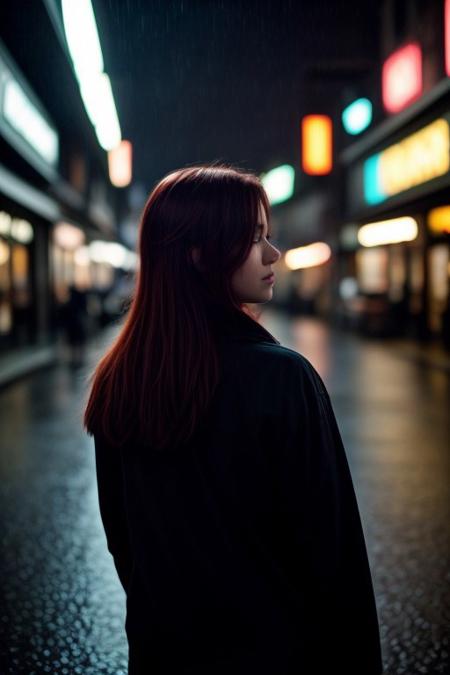 dramatic, high contrast, back lighting, Redhead, 19 year old woman , with glowing halo, wearing a wolverine mask,
The haio light is shinning on her hair 
looking over her shoulder back at the ciewer
rain wet street with warm neon lights reflecting
night time