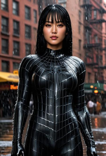 score_9, score_8_up, score_7_up, best quality, realistic, masterpiece, beautiful detail, hyperrealistic, raining scenery, ((1girl, woman body, huge breasts)), amazing detailed full body portrait of a beautiful japanese girl, wearing a realistic and highly detailed black raimi spider-man suit, ((huge muscular girl)), professional model wears ultra - detailed black raimi spider - man suit, ultra - detailed and grained black raimi spiderman suit, suit covered entire body and hand, black spiderman gloves, wet, (black hair), (variation pose), (dirty skin), close up, octane render, highly detailed, volumetric, dramatic lighting, (highest quality:1.1), (HDR:1.3), (top quality, best quality), realistic, high definition, Expressionism - sharp focus, professional photography, masterpiece, ultra detailed photograph, high quality, 8k,