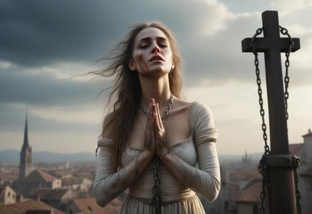 Inquisition, 
A beautiful witch prays, 
is chained to a post. is burned at the stake. Half body portrait, 
Background: a medieval city, 
desperate look at the sky, 
she is tied to chains, 
looking upwards, 
hyperrealistic, 
photorealistic, 
wearing an old, 
tattered, 
dirty white dress, 
best quality, 
visually stunning, 
hyper quality, 
extremely detailed, 
Carne Griffiths, 
Luis Royo, 
Arthur Rackham, 
Greg Rutkowski